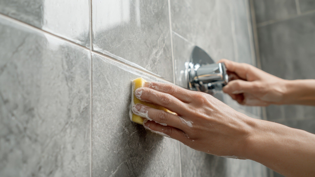 Dłonie czyszczące szare płytki ceramiczne gąbką z pianą przy chromowanym uchwycie prysznica w łazience.