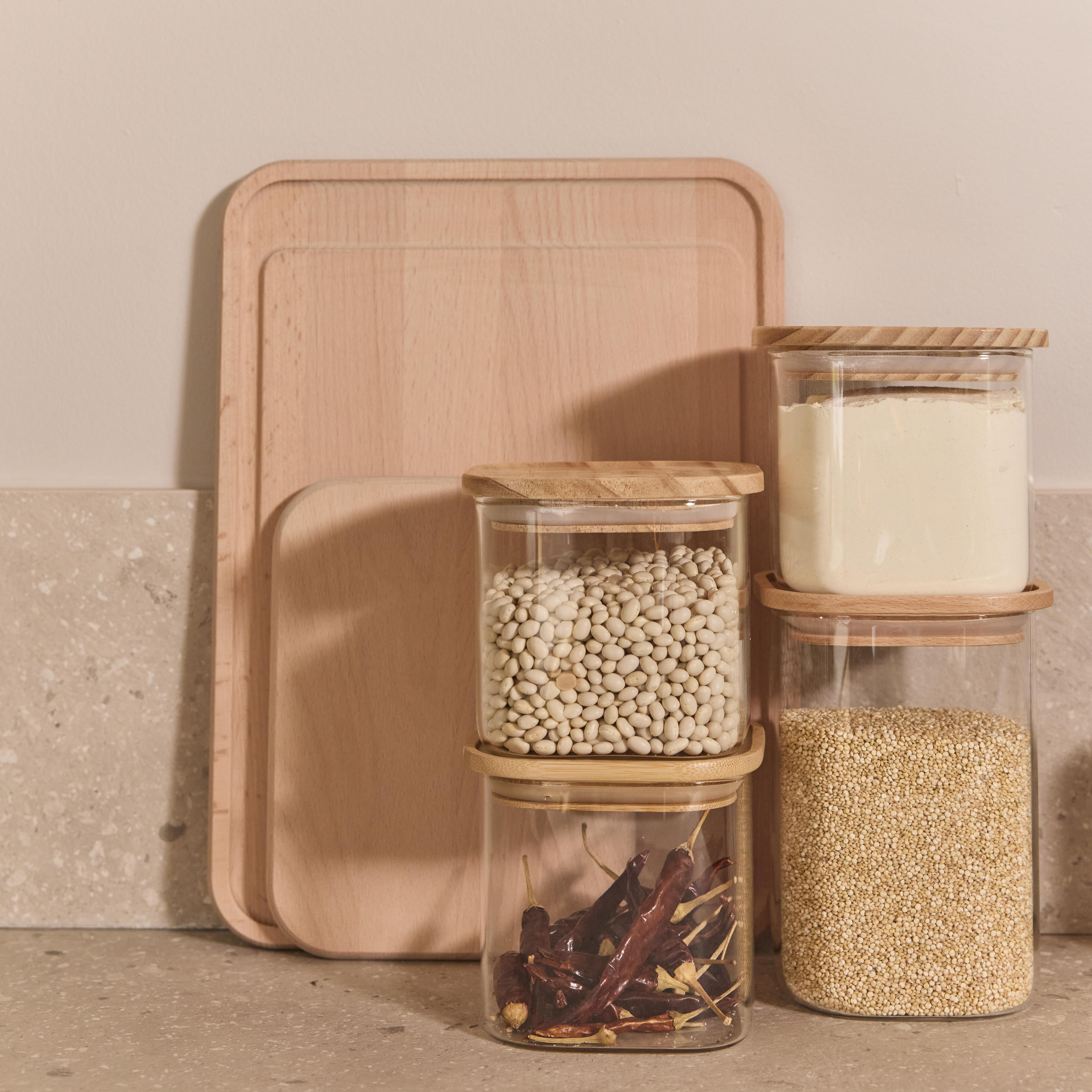 Pack de 4 botes de cocina de cristal apilables DELINIA con tapa de madera de haya 11x15,8x11cm - 2