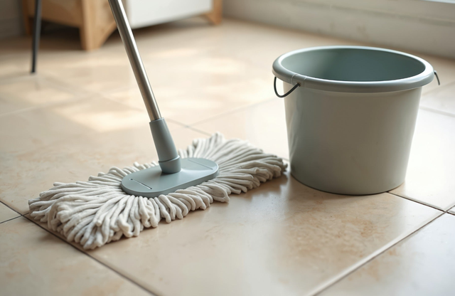 Mop z mikrofibry i szare wiadro plastikowe stojące na beżowych płytkach ceramicznych podczas mycia podłogi.