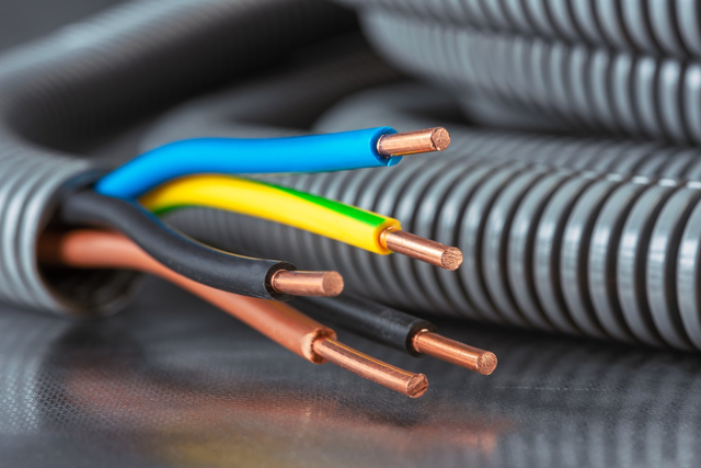 Zbliżenie na miedziane przewody elektryczne w niebieskiej, żółto-zielonej i brązowej izolacji wystające z szarej rury karbowanej.