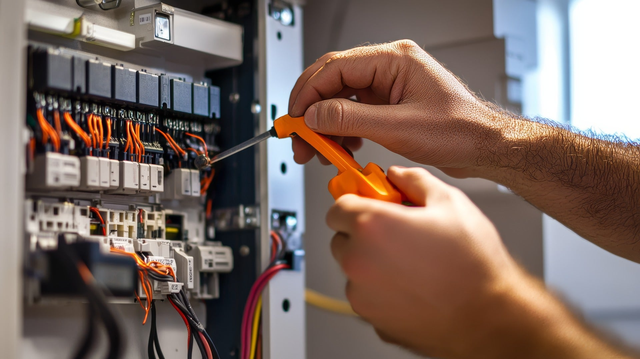 Elektryk podłączający przewody pomarańczowymi szczypcami izolacyjnymi w szafie sterowniczej z listwami zaciskowymi.