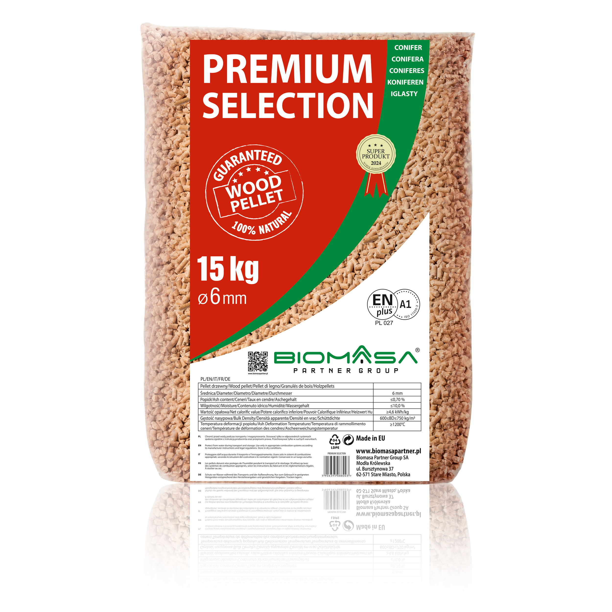 Pellet PREMIUM 15 kg Klasa Pelletu A1 BIOMASA PARTNER GROUP