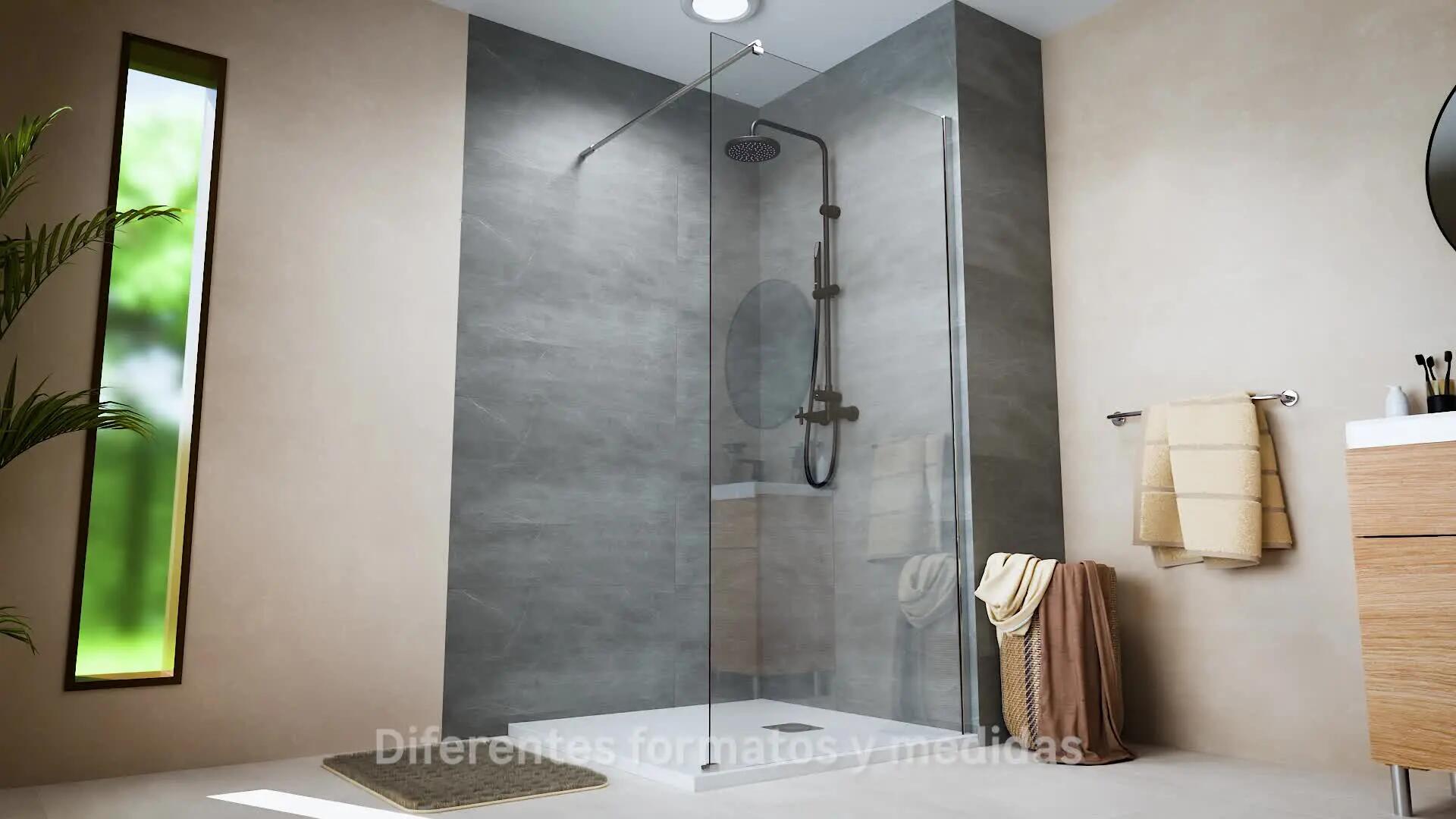 Mampara de ducha fija Easy perfil aluminio cromo (77-78.5)x195 cm cristal templado 6mm serigrafiado antical reversible. Barra fijación muro o techo recortable incluida Sensea - 3