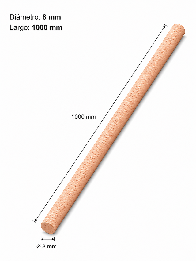 Varilla de madera lisa de haya de 8x1000mm