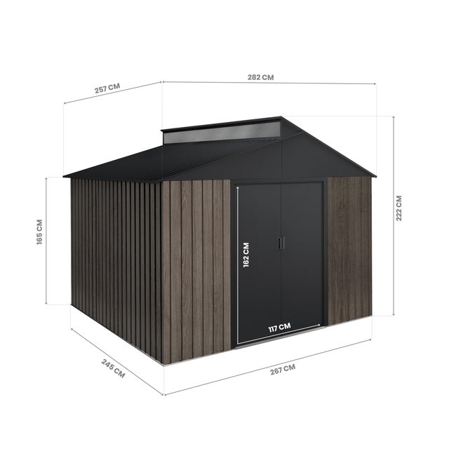 Caseta de acero PYRENE de 282x222x257 cm y 7.25 m2 con 0.25 mm espesor y puerta doble corredera HOGGAR