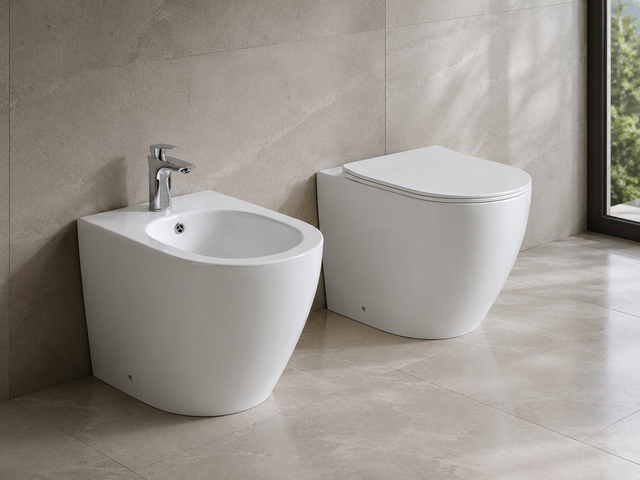 Coppia sanitari Niveo filomuro completa di sedile coordinato bianco lucido