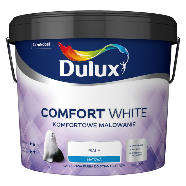 Farba do ścian i sufitów Dulux Comfort White biała matowa 9 l