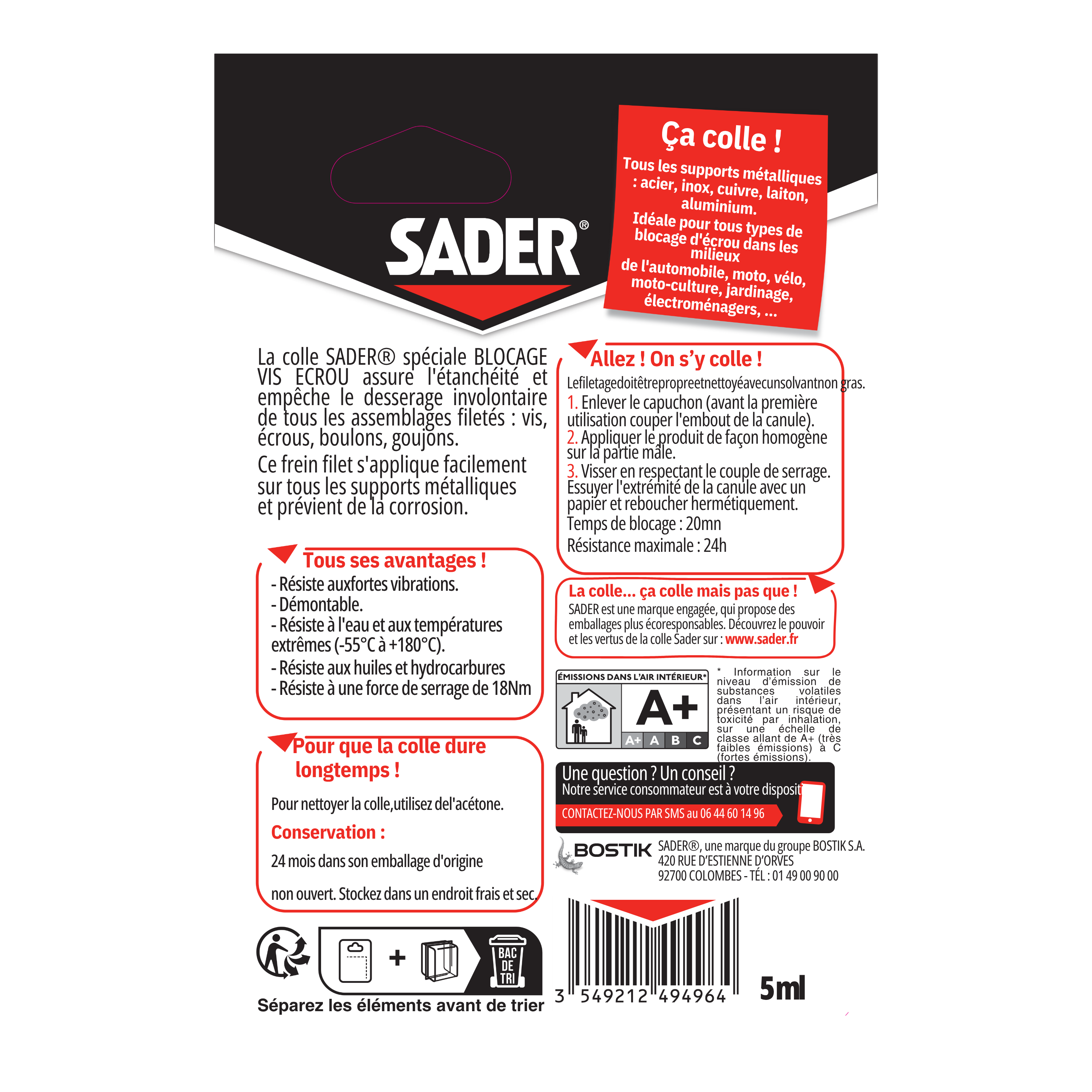 Colle d'assemblage liquide SADER Spécial expert blocage vis écrous transp, 5ml - 4