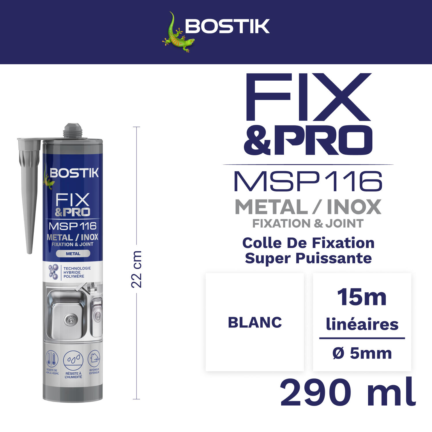 Colle de fixation gel MS polymère BOSTIK Métal / inox fix&pro msp116 gris, 290ml - 2