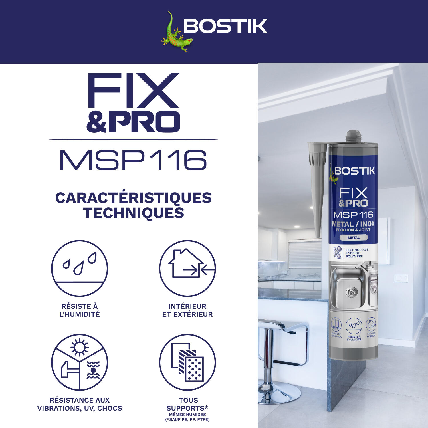 Colle de fixation gel MS polymère BOSTIK Métal / inox fix&pro msp116 gris, 290ml - 3