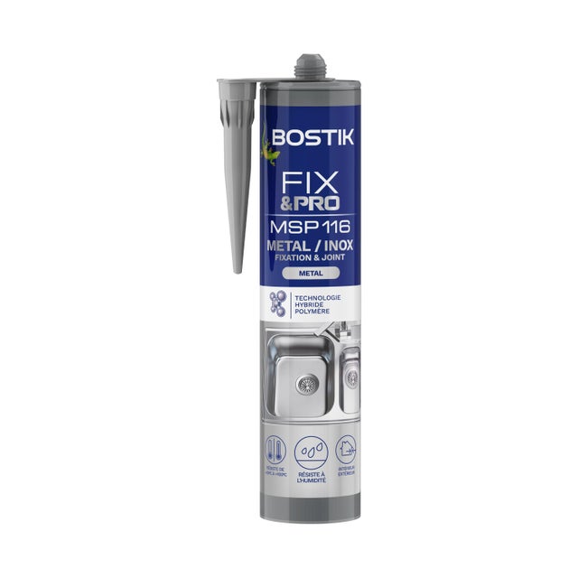 Colle de fixation gel MS polymère BOSTIK Métal / inox fix&pro msp116 gris, 290ml