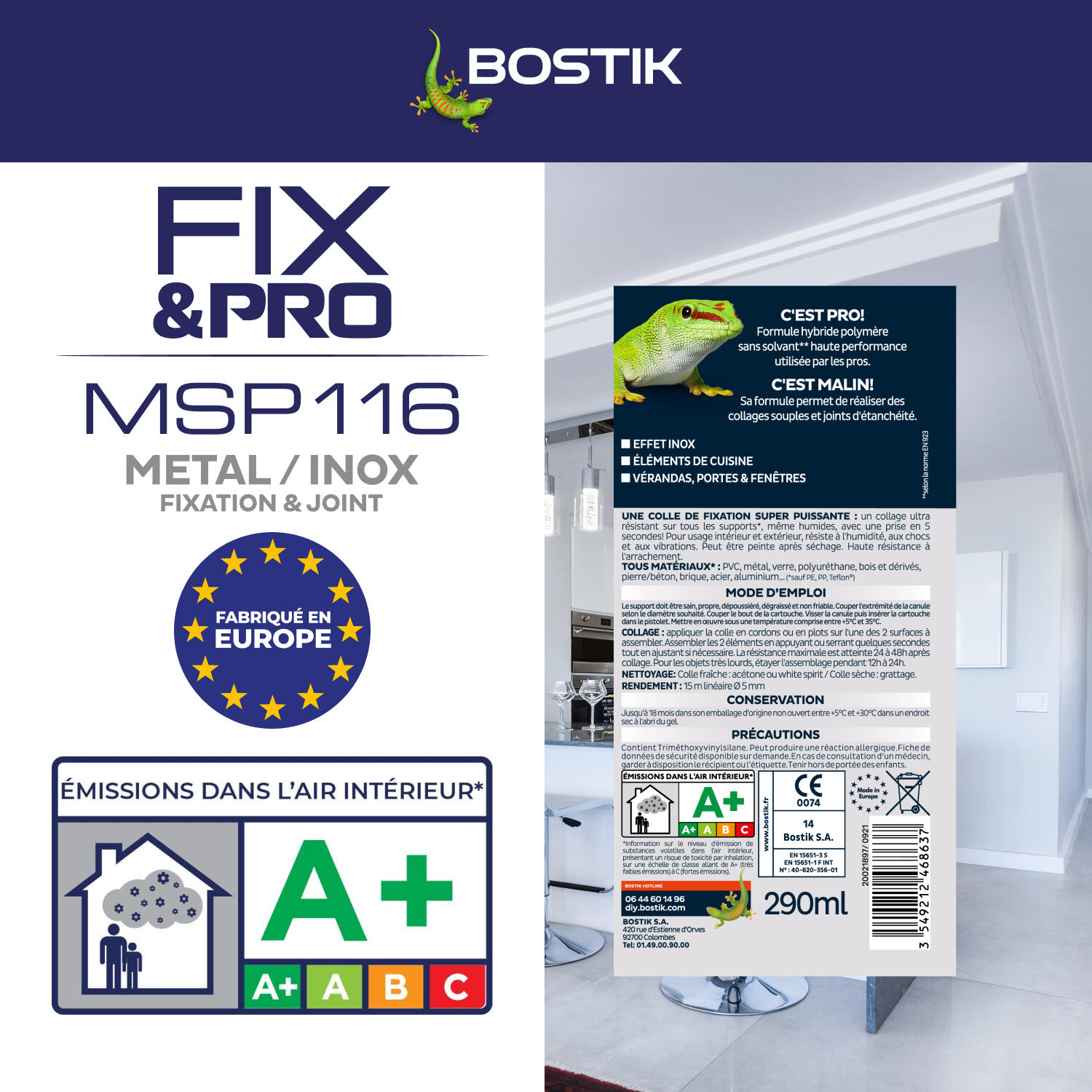 Colle de fixation gel MS polymère BOSTIK Métal / inox fix&pro msp116 gris, 290ml - 6