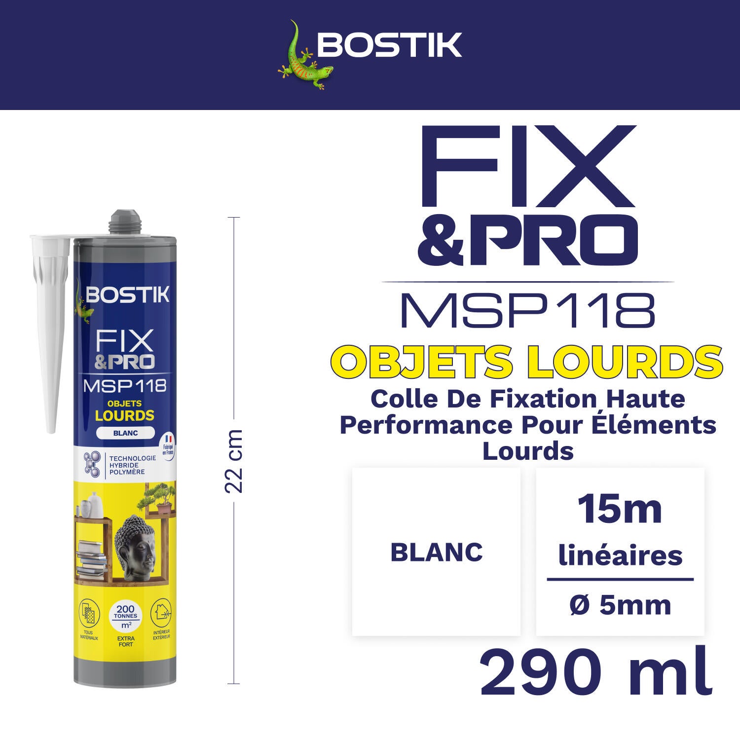 Colle de fixation gel MS polymère BOSTIK Objet lourd fix&pro msp118 blanc, 290ml - 2