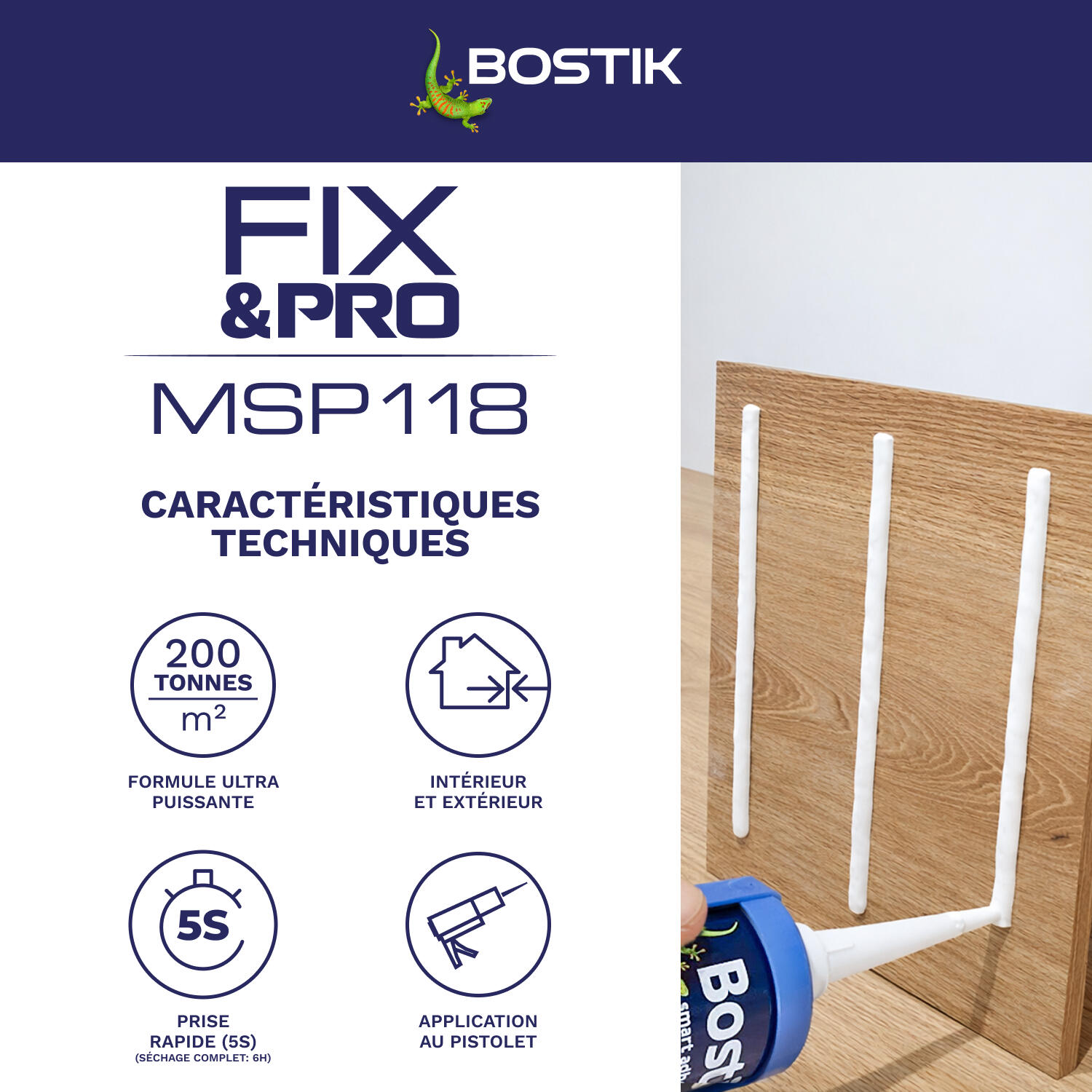 Colle de fixation gel MS polymère BOSTIK Objet lourd fix&pro msp118 blanc, 290ml - 3