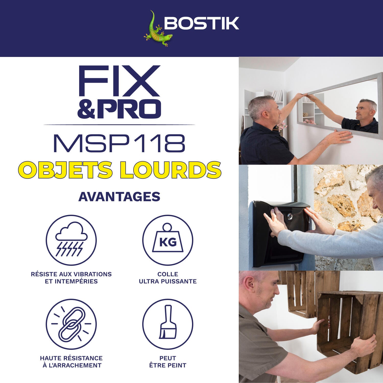 Colle de fixation gel MS polymère BOSTIK Objet lourd fix&pro msp118 blanc, 290ml - 4