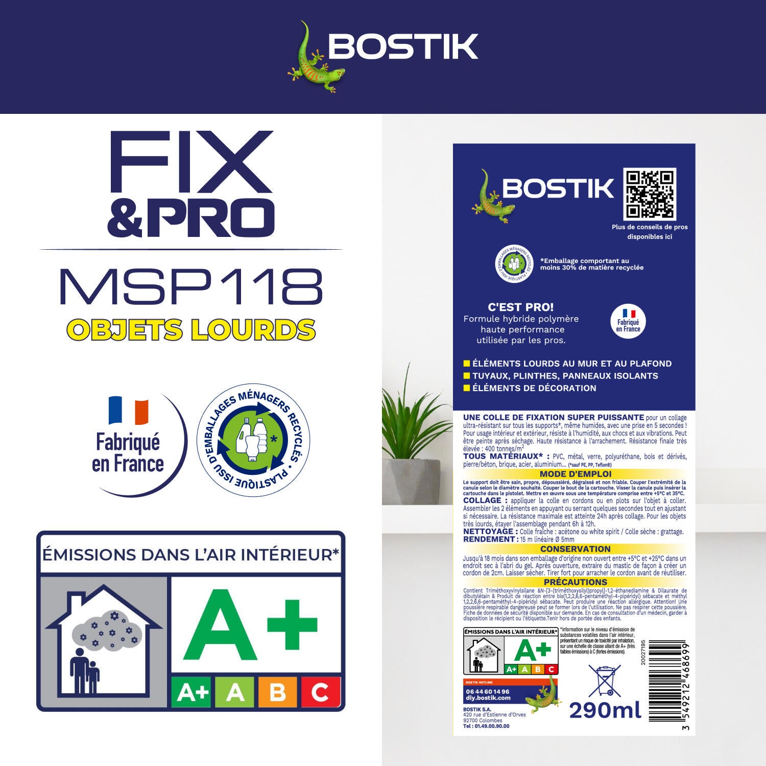Colle de fixation gel MS polymère BOSTIK Objet lourd fix&pro msp118 blanc, 290ml - 6