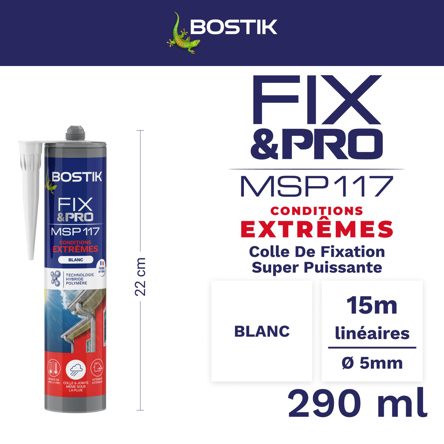 Colle fixation gel MS polymère BOSTIK Cond extrêmes fix&pro msp117 blanc, 290ml - 2