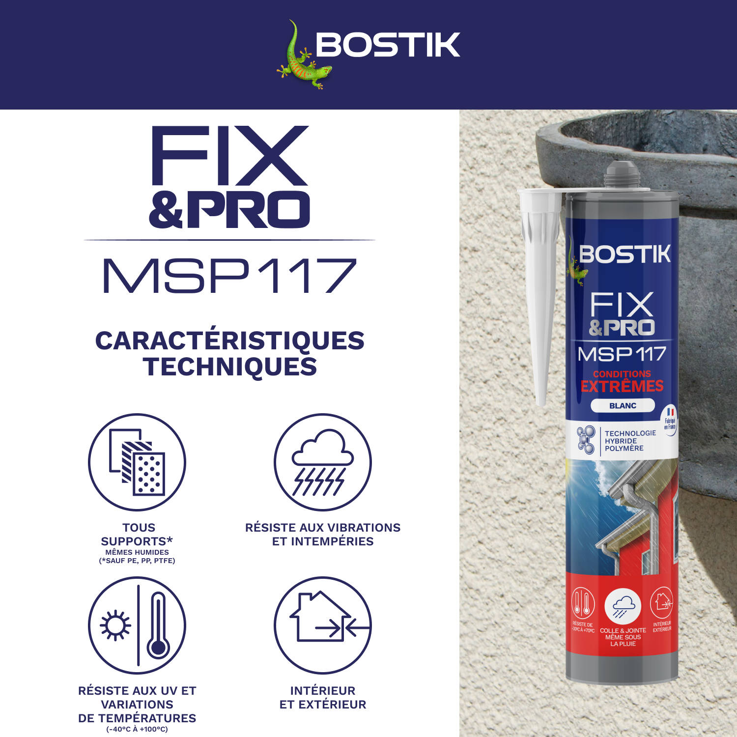 Colle fixation gel MS polymère BOSTIK Cond extrêmes fix&pro msp117 blanc, 290ml - 3