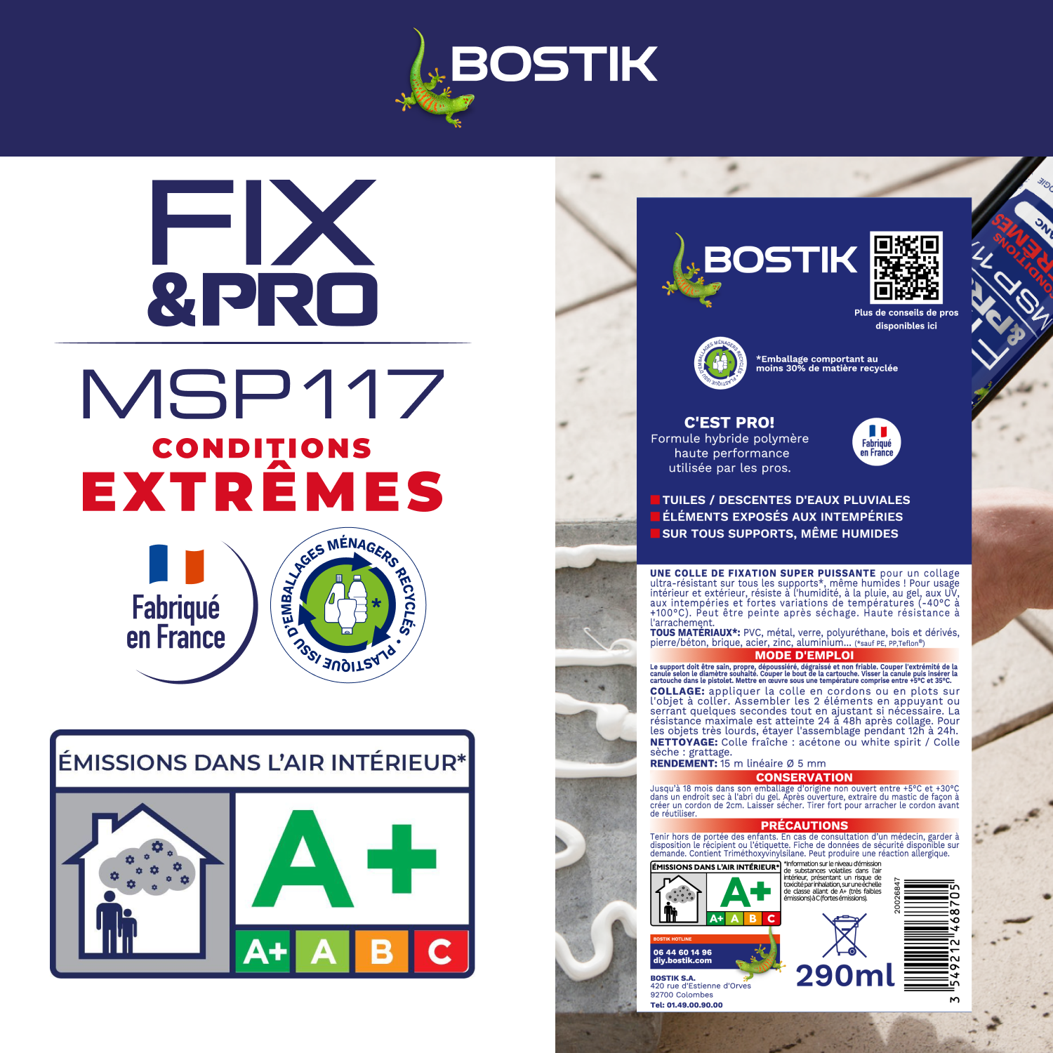 Colle fixation gel MS polymère BOSTIK Cond extrêmes fix&pro msp117 blanc, 290ml - 6