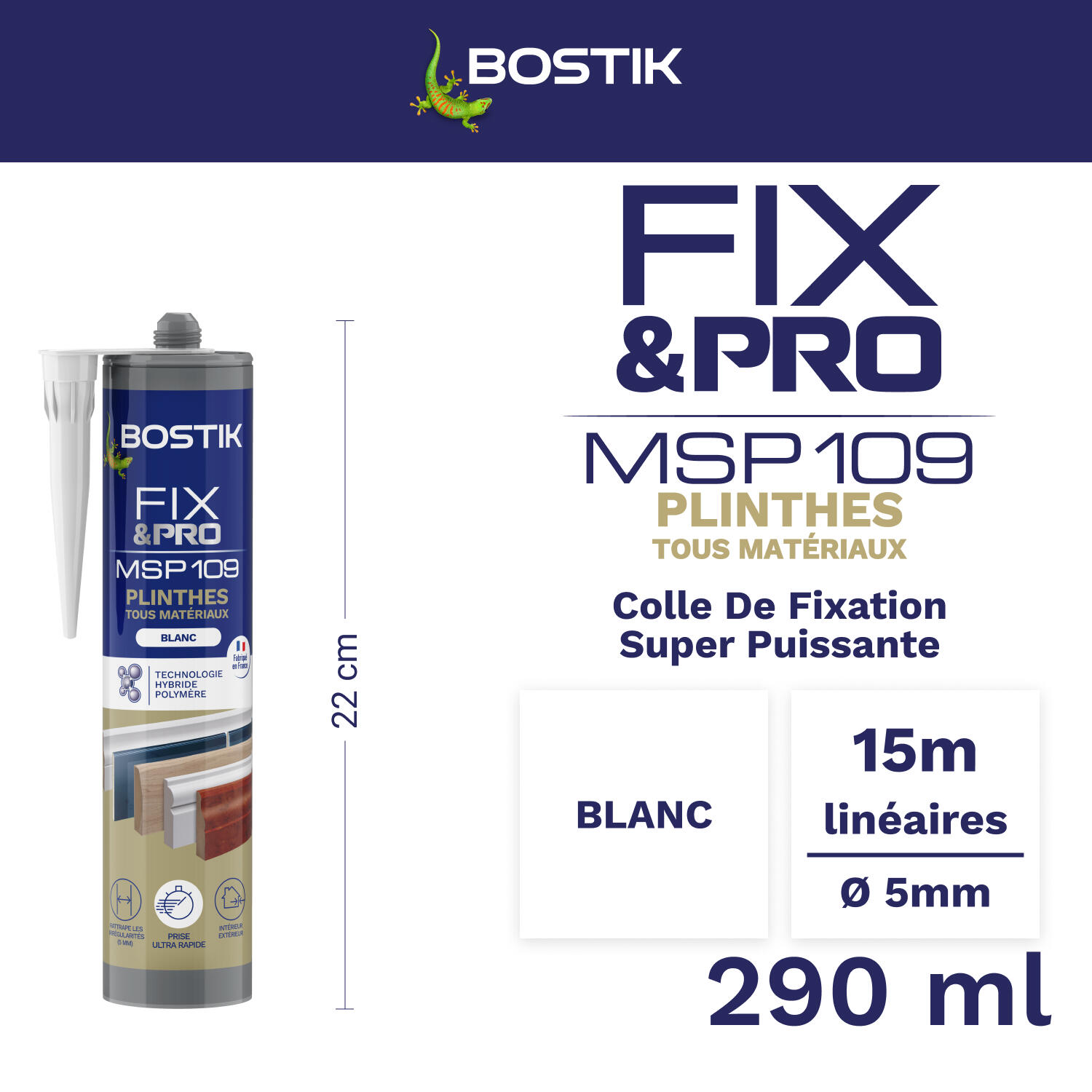 Colle de fixation gel MS polymère BOSTIK Plinthes fix&pro msp109 blanc, 290ml - 2