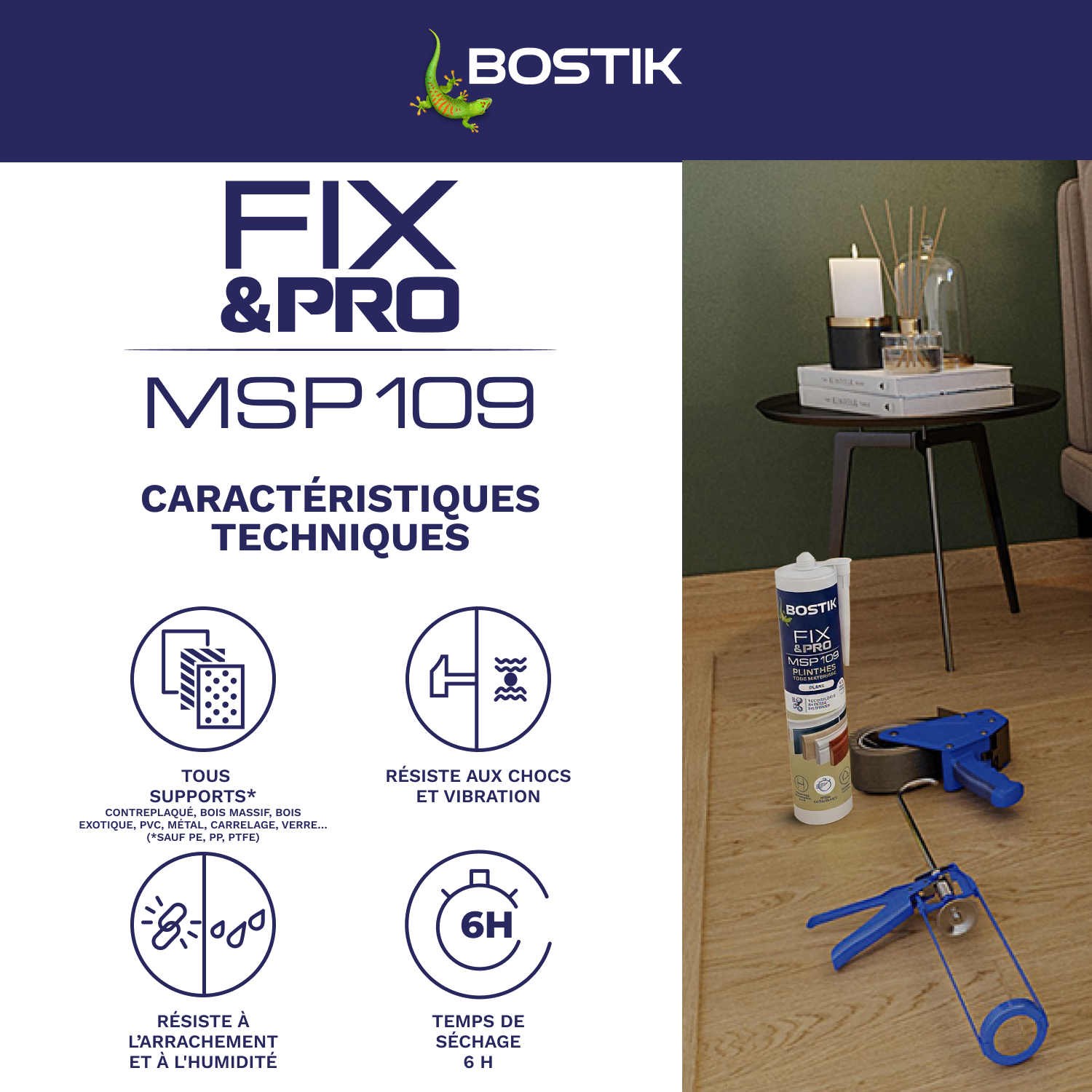 Colle de fixation gel MS polymère BOSTIK Plinthes fix&pro msp109 blanc, 290ml - 3