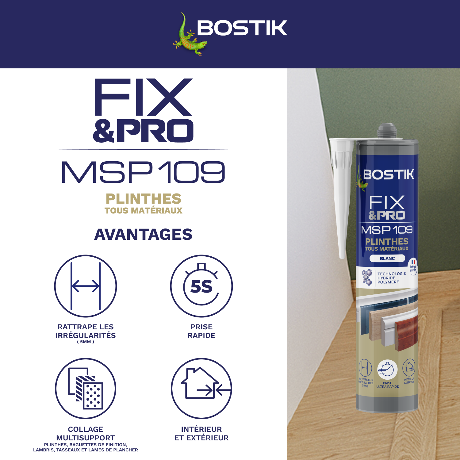Colle de fixation gel MS polymère BOSTIK Plinthes fix&pro msp109 blanc, 290ml - 4