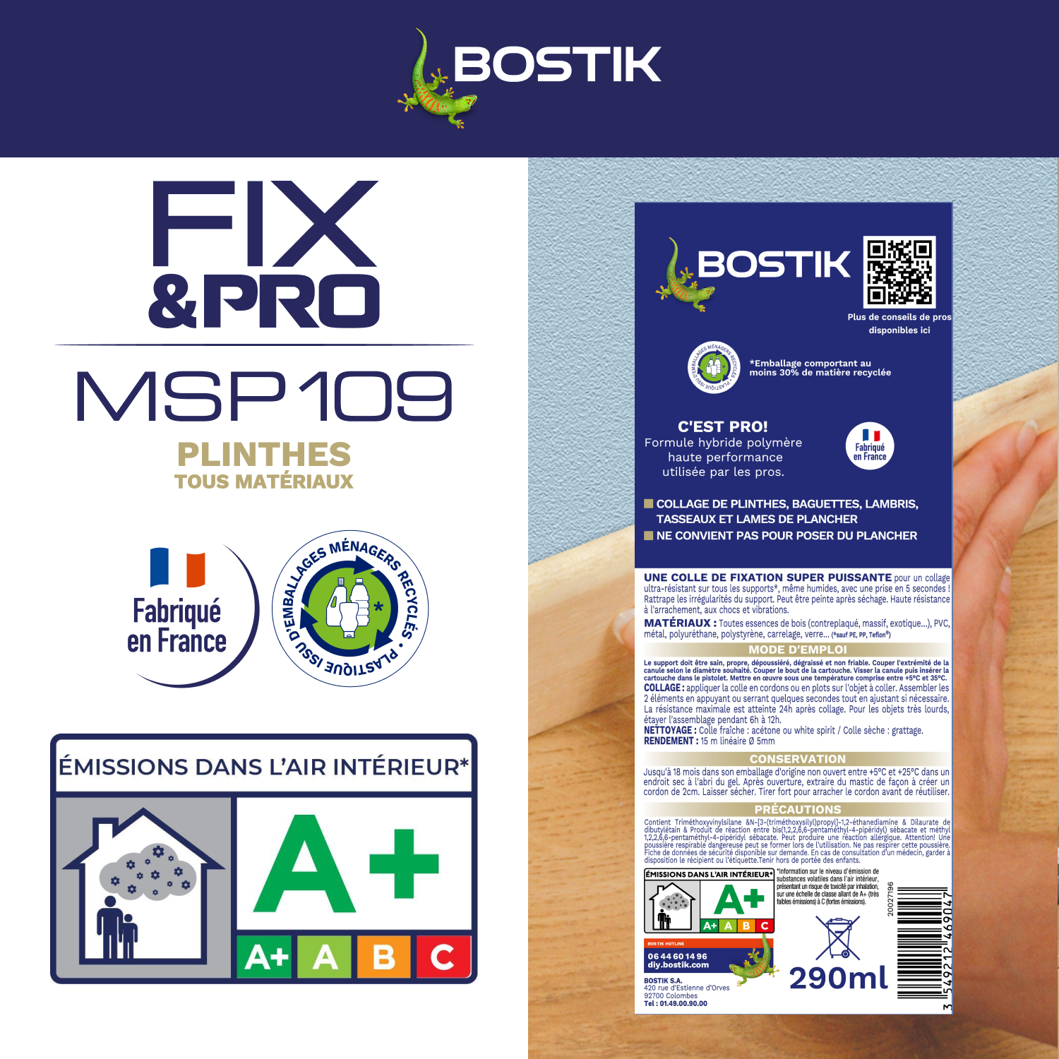 Colle de fixation gel MS polymère BOSTIK Plinthes fix&pro msp109 blanc, 290ml - 6
