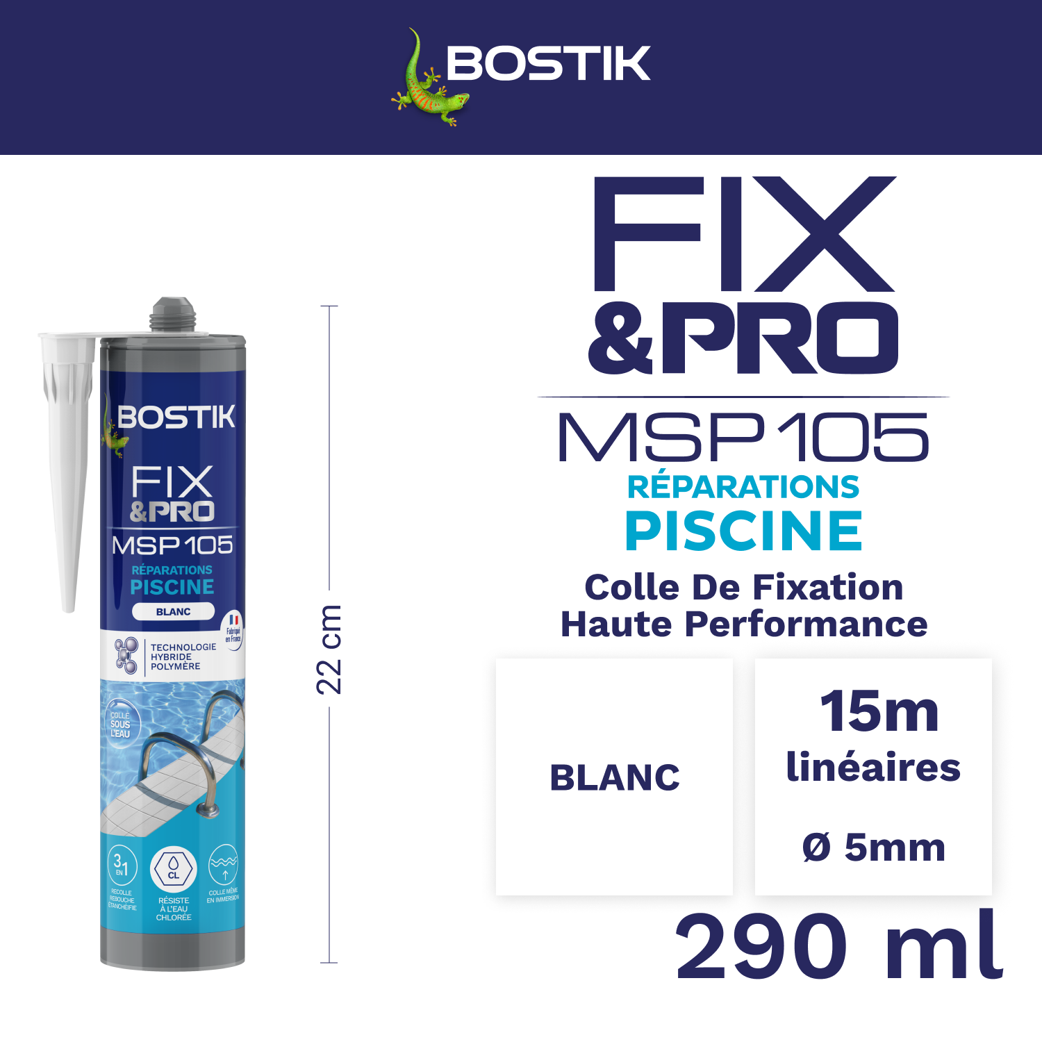 Colle de fixation gel MS polymère BOSTIK Piscine fix&pro msp105 blanc, 290ml - 2