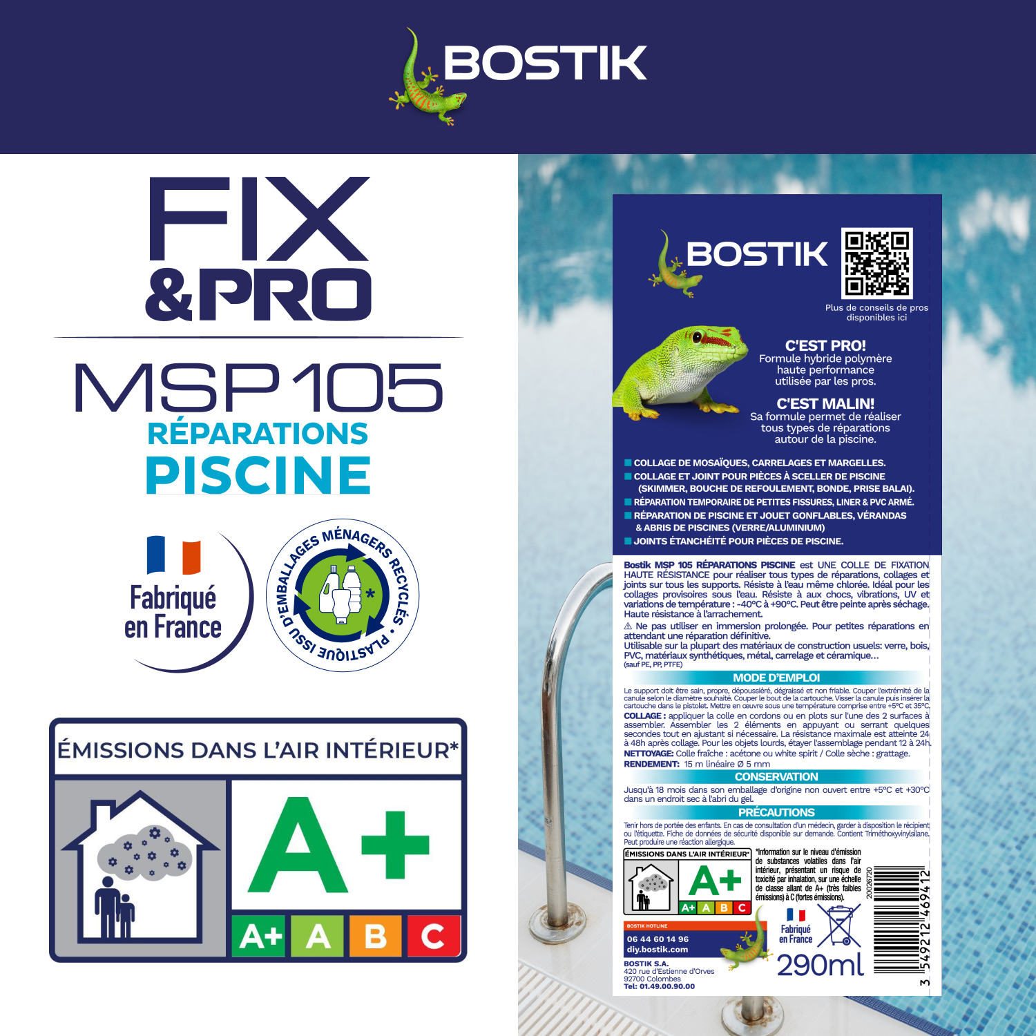 Colle de fixation gel MS polymère BOSTIK Piscine fix&pro msp105 blanc, 290ml - 6
