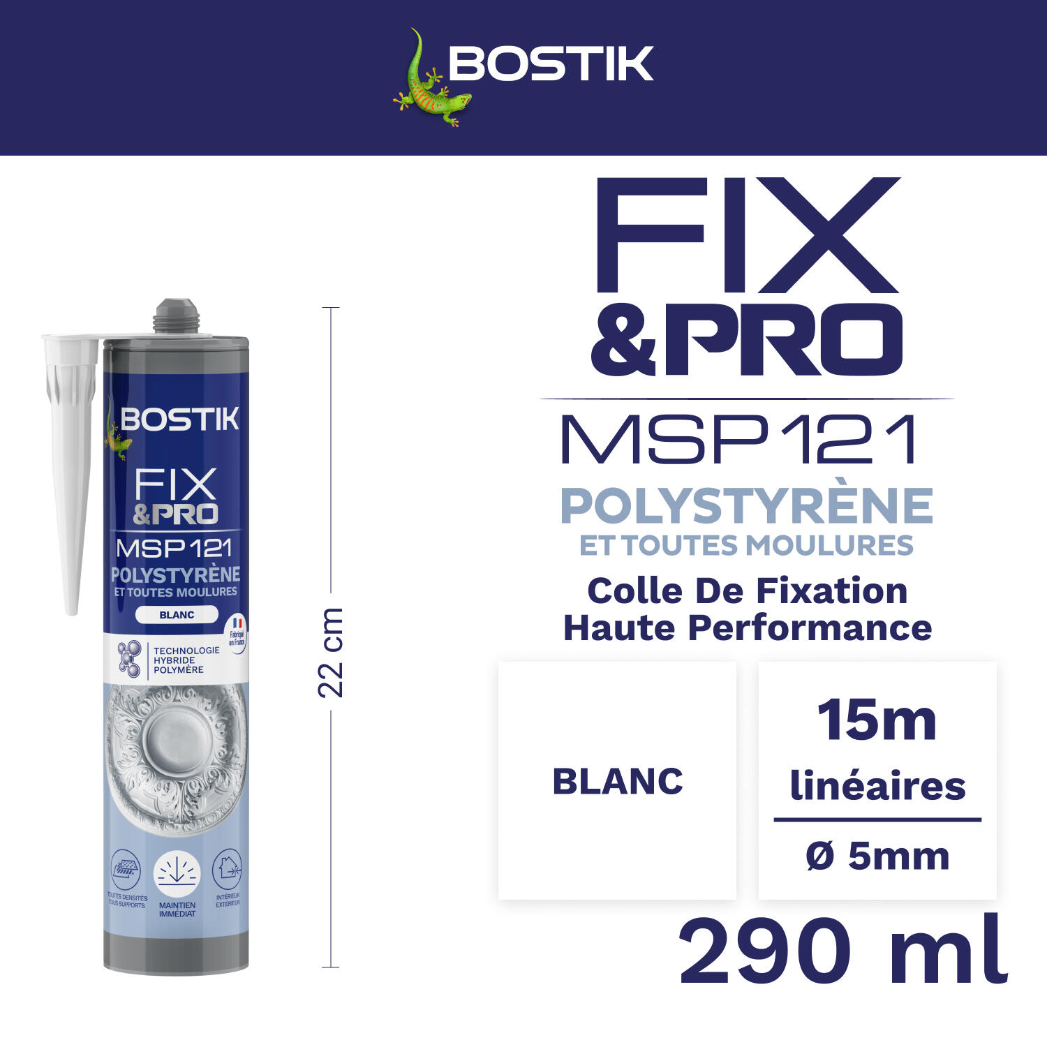 Colle de fixation gel MS polymère BOSTIK moulures fix&pro msp121 blanc, 290ml - 2