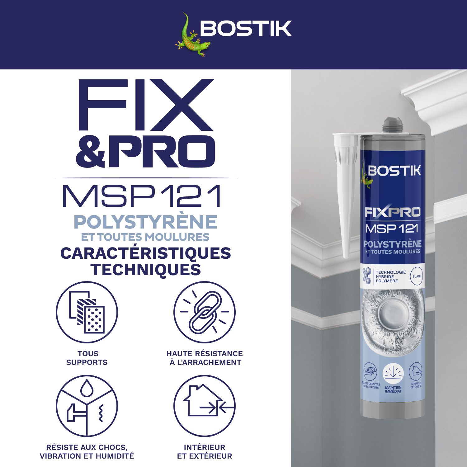 Colle de fixation gel MS polymère BOSTIK moulures fix&pro msp121 blanc, 290ml - 3