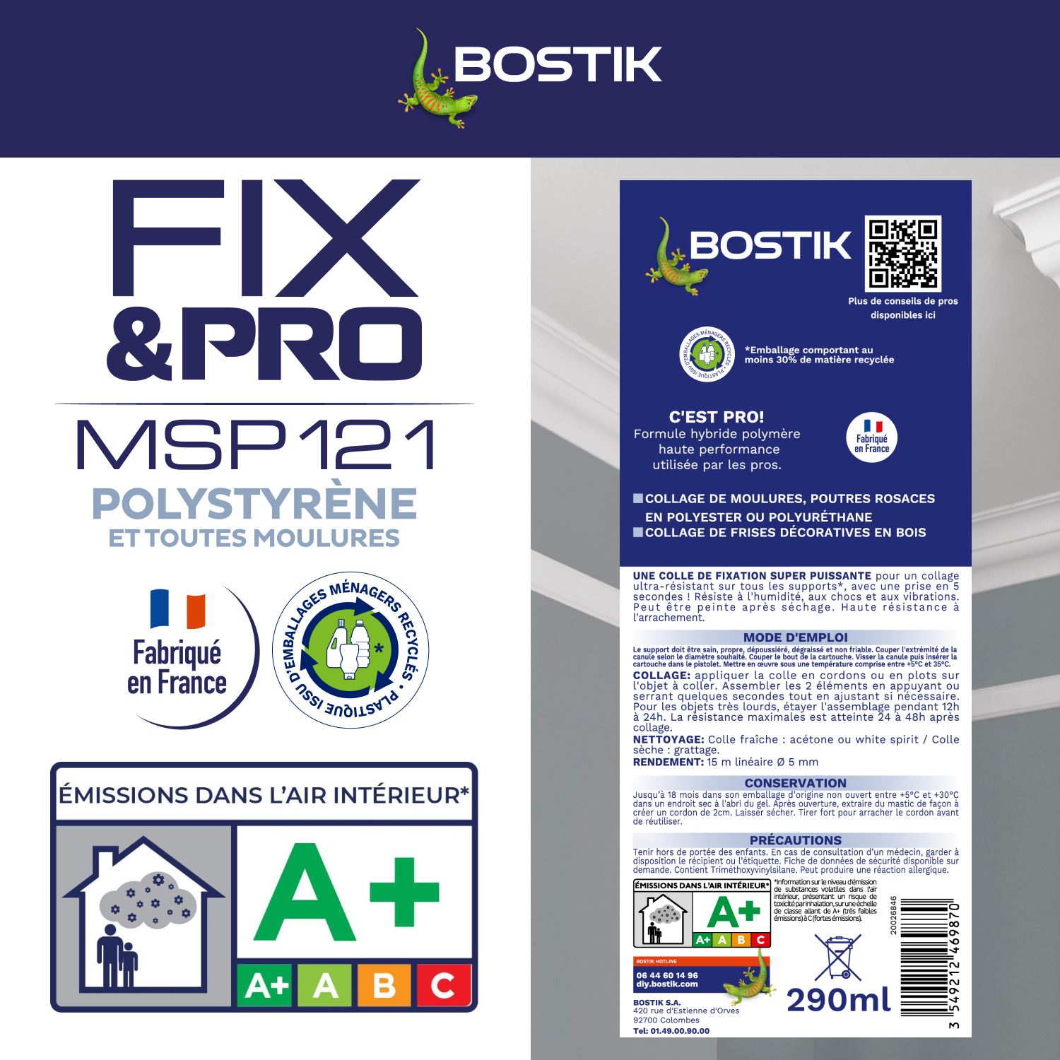 Colle de fixation gel MS polymère BOSTIK moulures fix&pro msp121 blanc, 290ml - 6