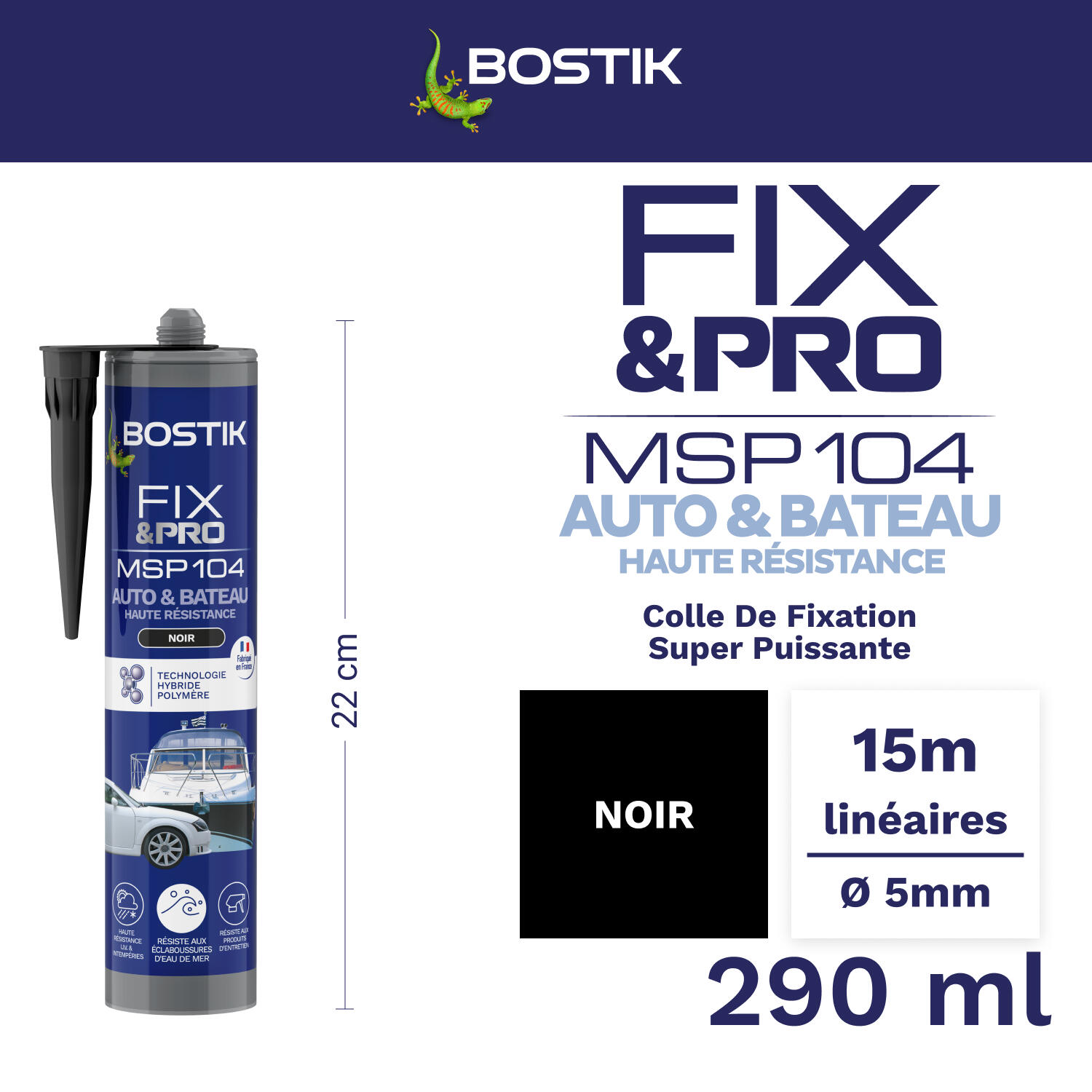 Colle de fixation gel MS polymère BOSTIK Auto bateau fix&pro msp104 noir, 290ml - 2