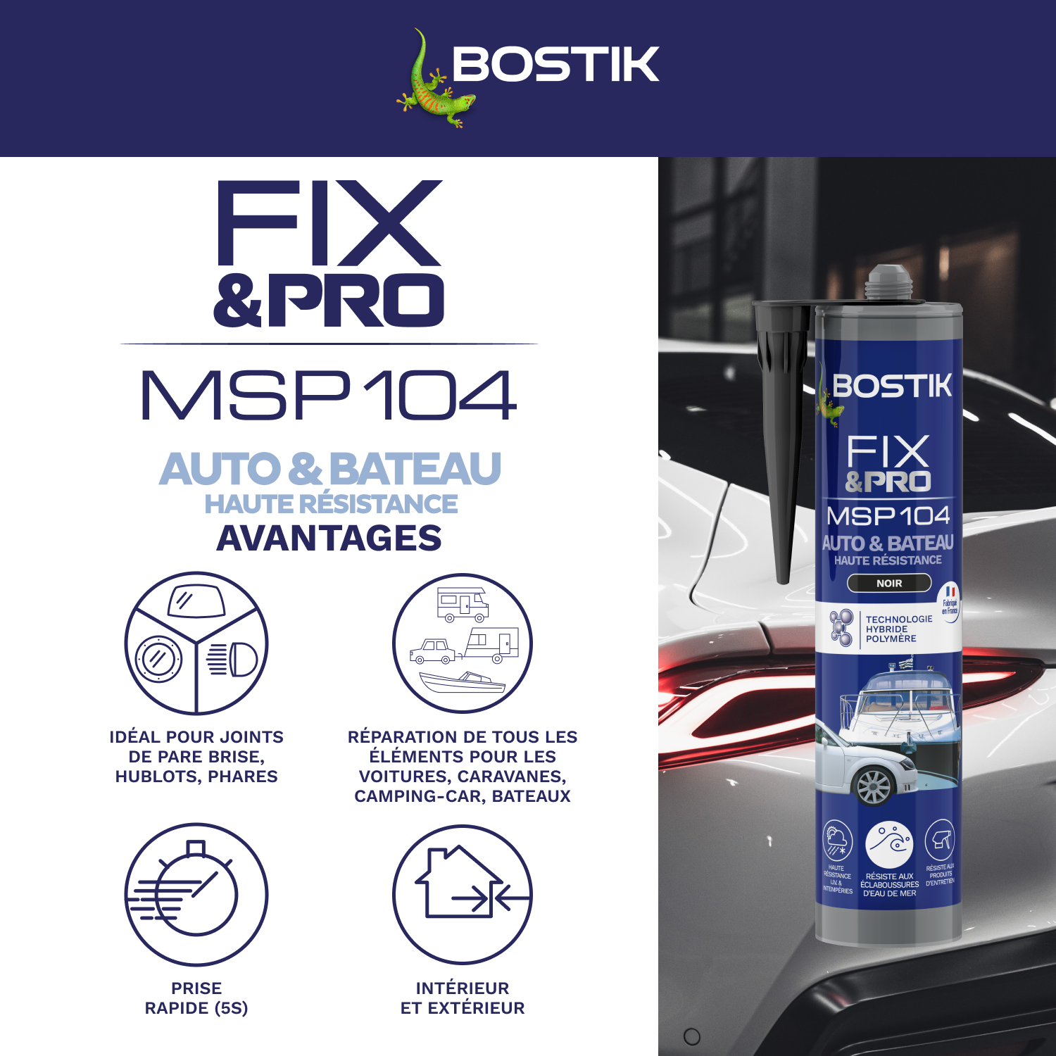 Colle de fixation gel MS polymère BOSTIK Auto bateau fix&pro msp104 noir, 290ml - 3