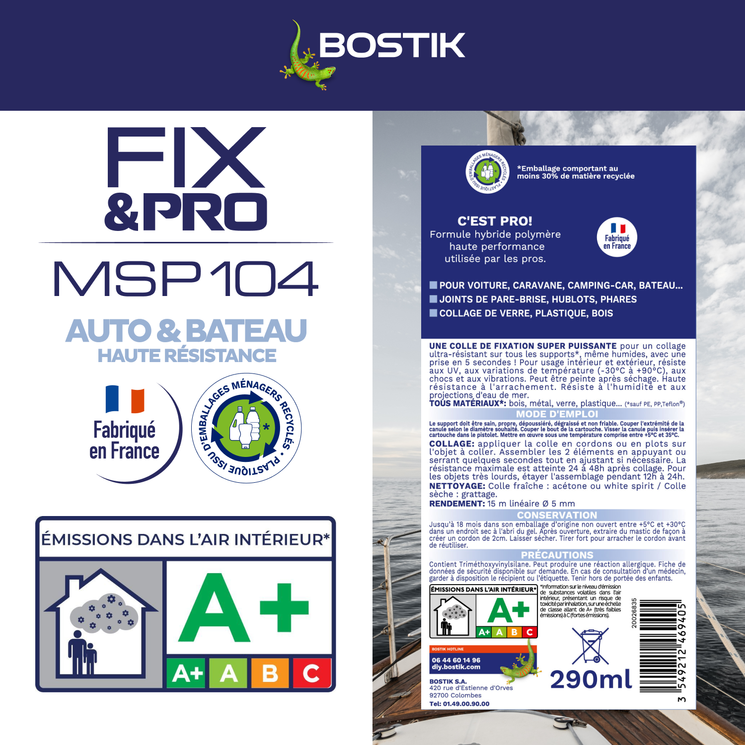 Colle de fixation gel MS polymère BOSTIK Auto bateau fix&pro msp104 noir, 290ml - 6