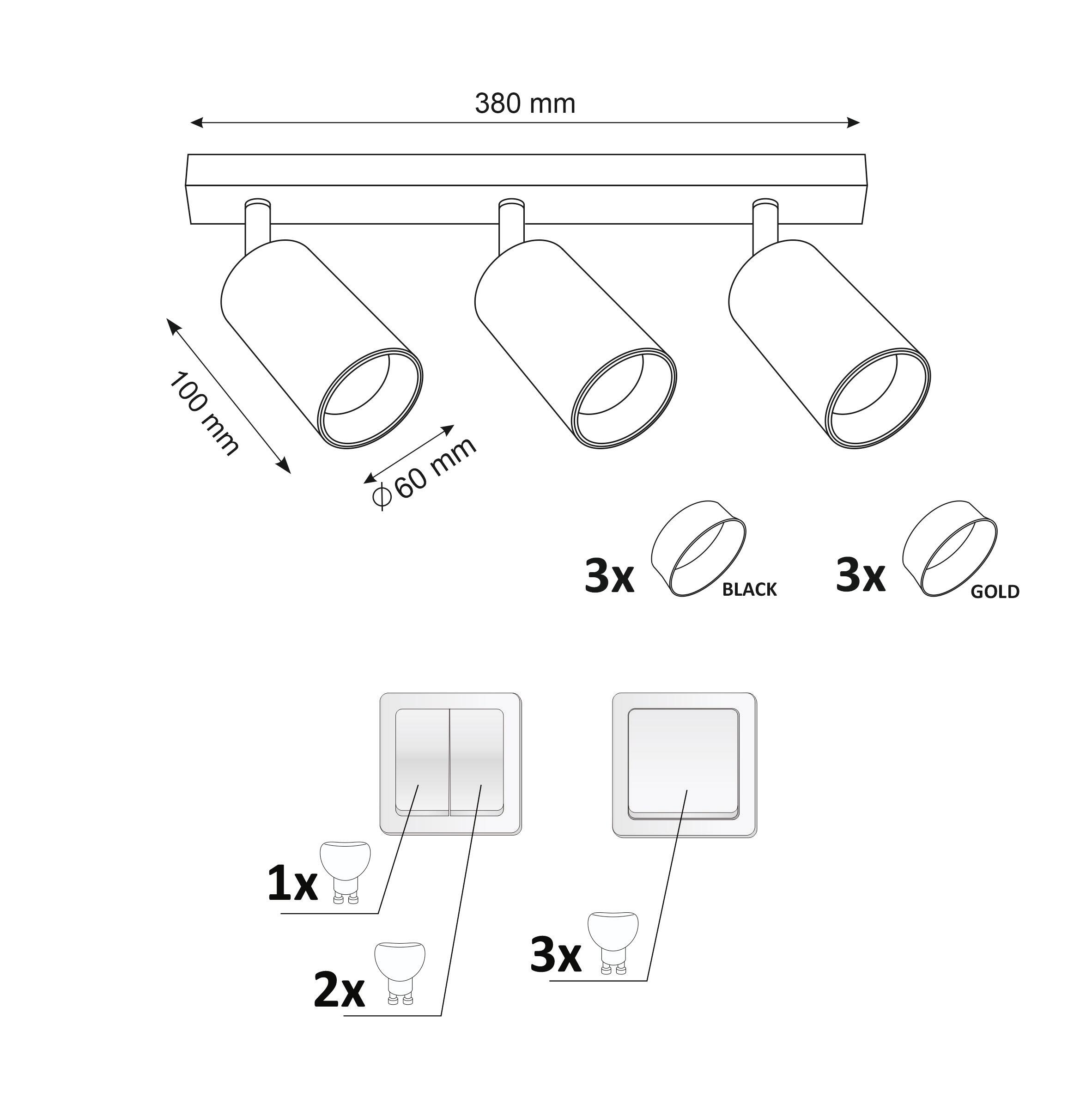 Lampa ścienno-sufitowa GU10 MARIBEL 3xGU10 10W kolor czarny + czarne/złote pierścienie - 3