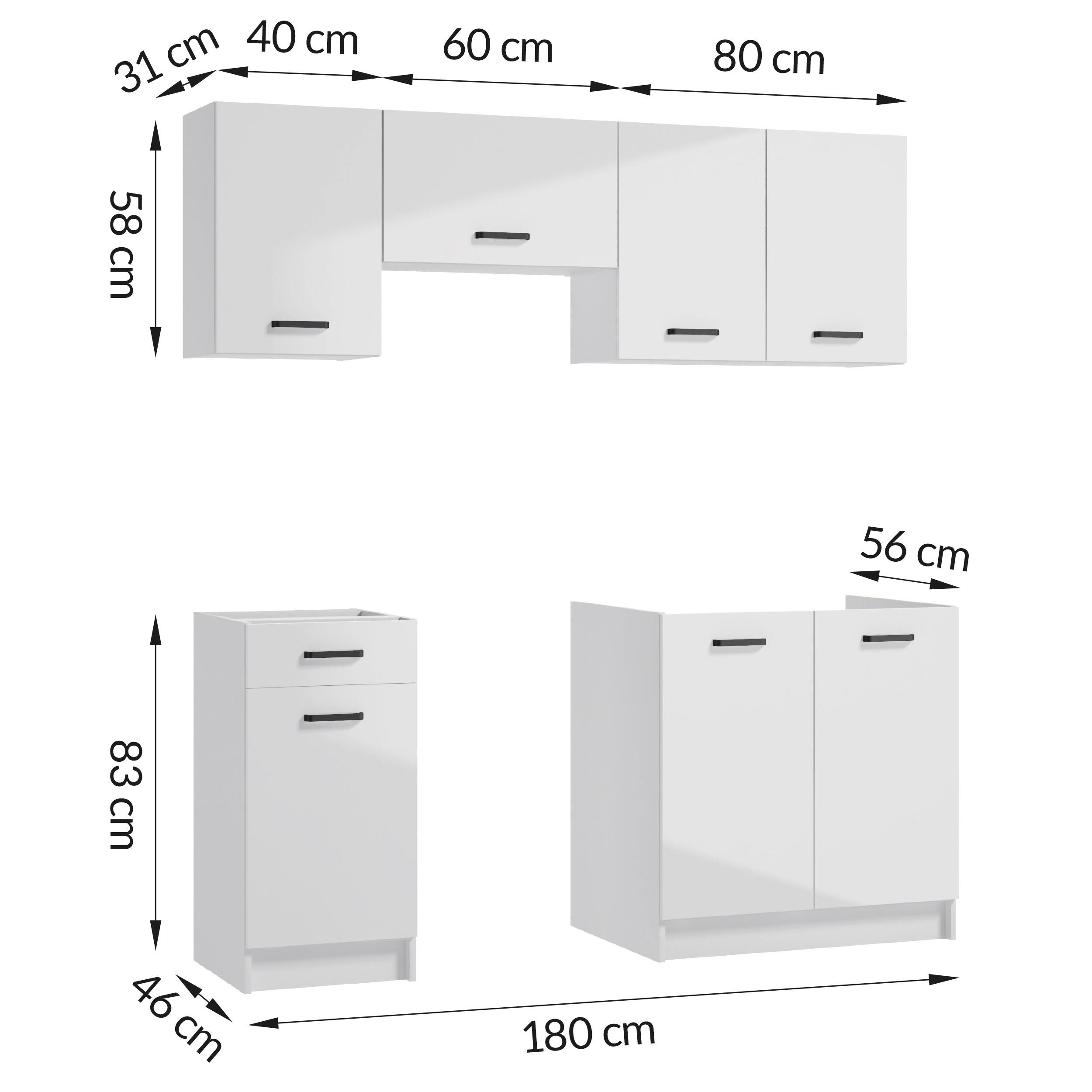 Zestaw mebli kuchennych FIRST 180 cm 5 szafek lakier biały połysk/ biały mat, czarny uchwyt - 3