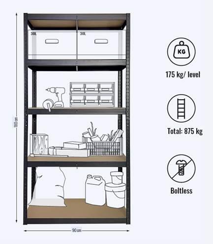Regał magazynowy Stabil S wym. 180x90x40 cm, nośność 175kg, antracyt - 5