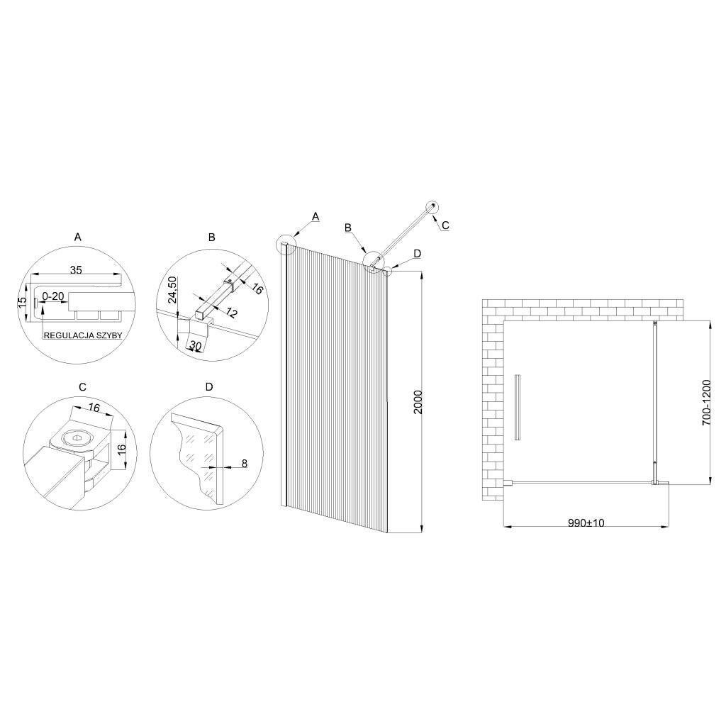 Kabina walk-in Invena 100 x 200 cm czarna szkło ryflowane 8 mm - 3