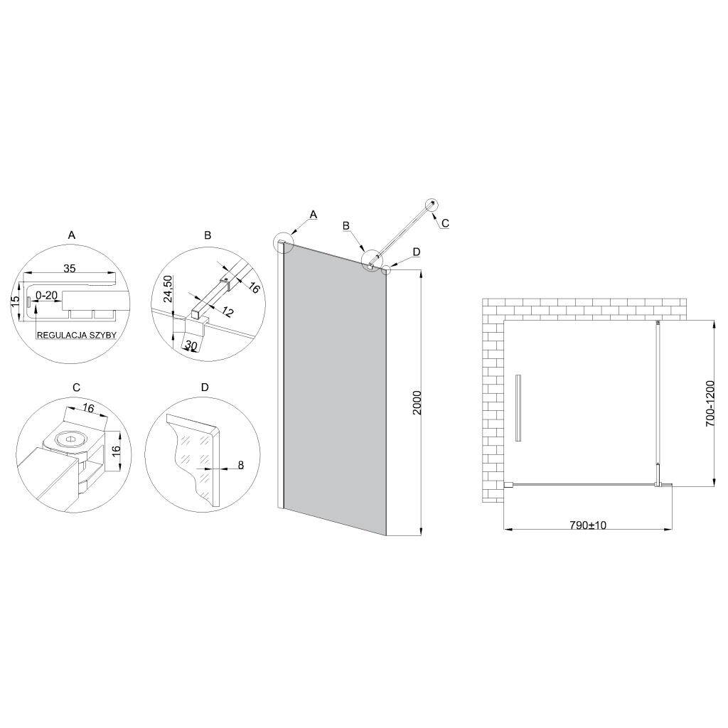 Kabina walk-in Invena 80 x 200 cm czarna szkło 8 mm grafitowe - 3