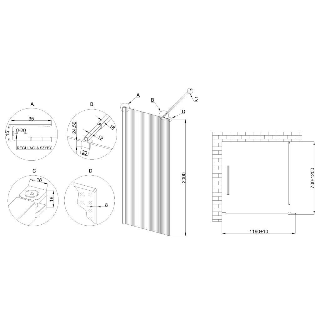 Kabina walk-in Invena 120 x 200 cm czarna szkło ryflowane 8 mm - 3