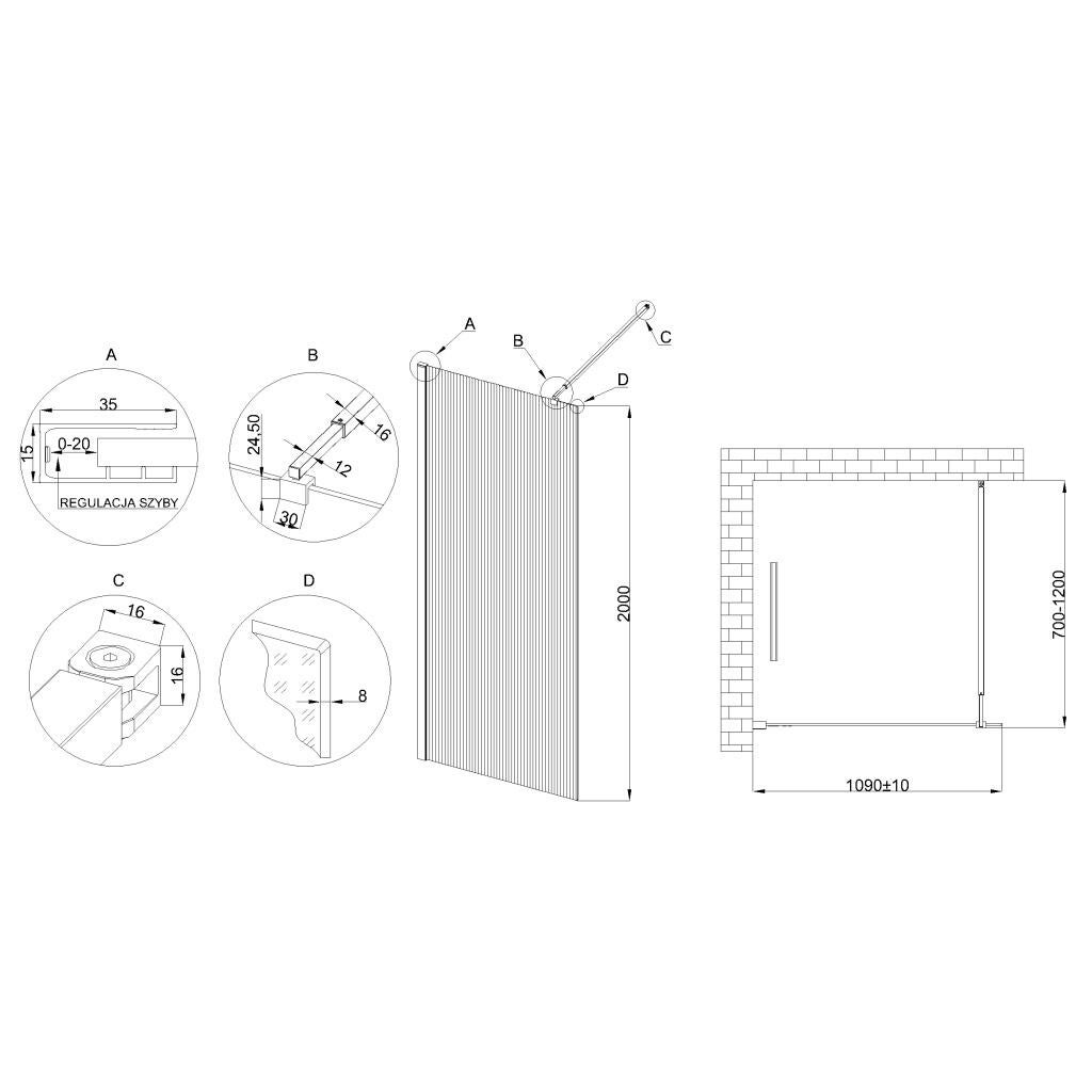 Kabina walk-in Invena 110 x 200 cm czarna szkło ryflowane 8 mm - 3