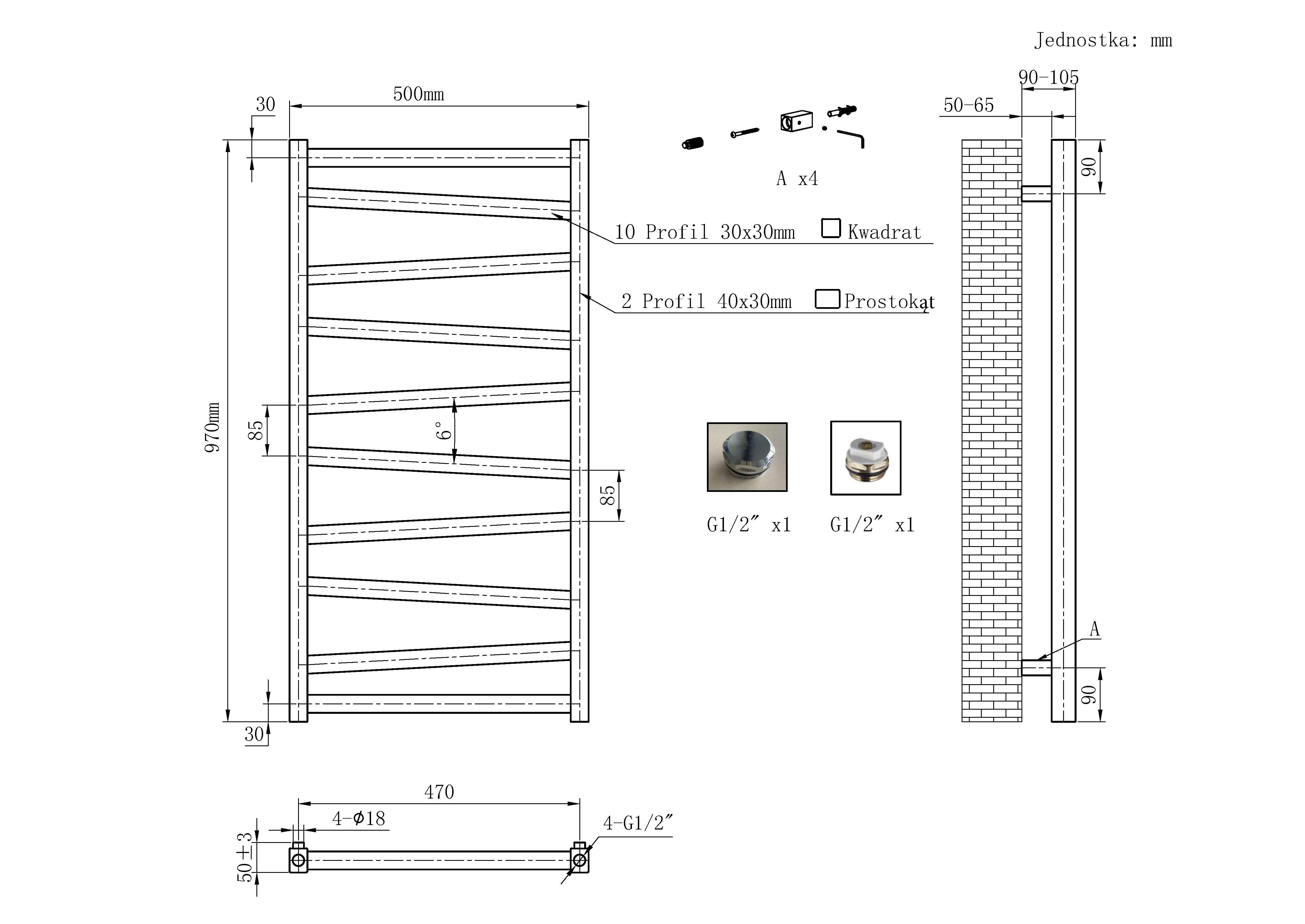 Grzejnik łazienkowy CYRKON 970X500 402W czarny - 5