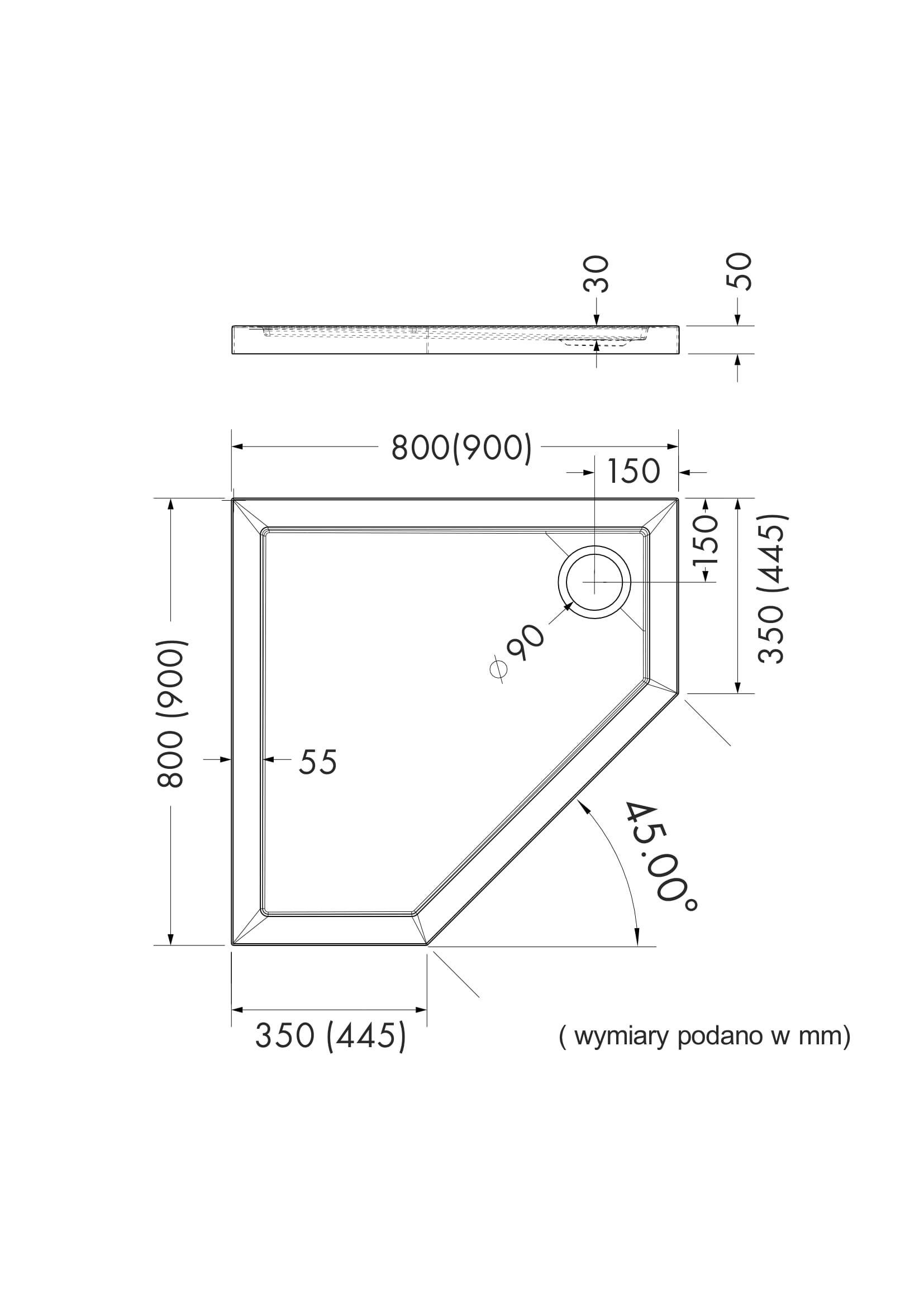 Brodzik pięciokątny Schedpol Lambo 90x90x2,5x12 cm 3.2698 - 2