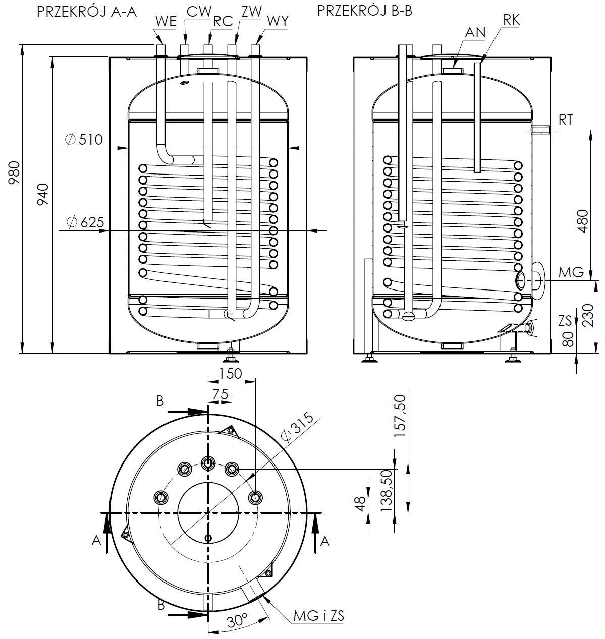 Wymiennnik pionowy OEM-W 120 l 1 wężownica - 3