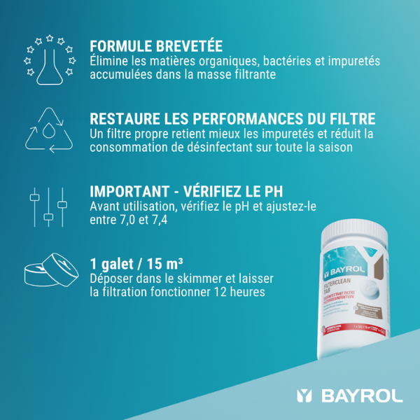 Désinfection filtre à sable BAYROL Filterclean Tab, galet 200 g, 1 kg - 2