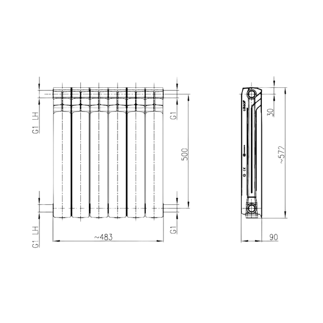 Grzejnik aluminiowy G500F, 6-elementowy, biały