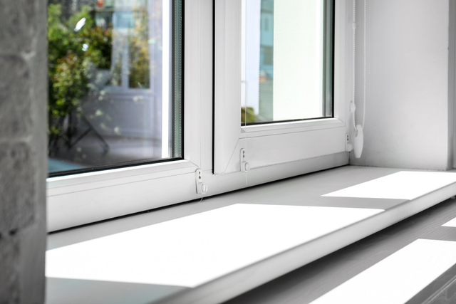 Nowoczesny biały parapet wewnętrzny oświetlony jasnym światłem słonecznym pod plastikowym oknem.