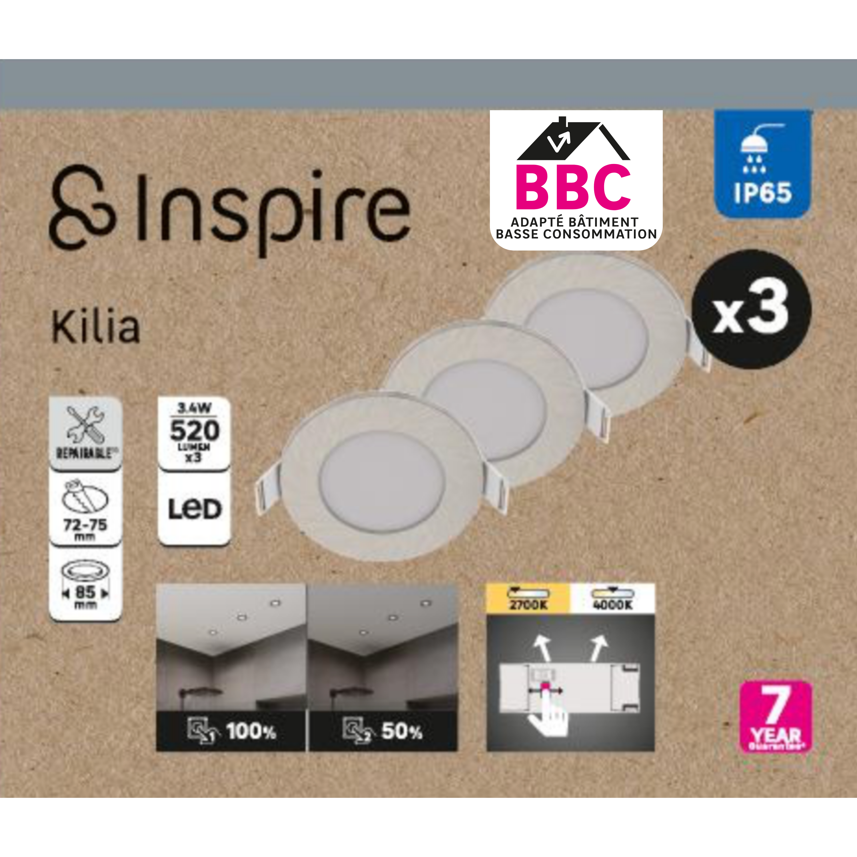 3 spots LED encastré salle de bain IP65 BBC Kilia CCT, acier Inspire - 10