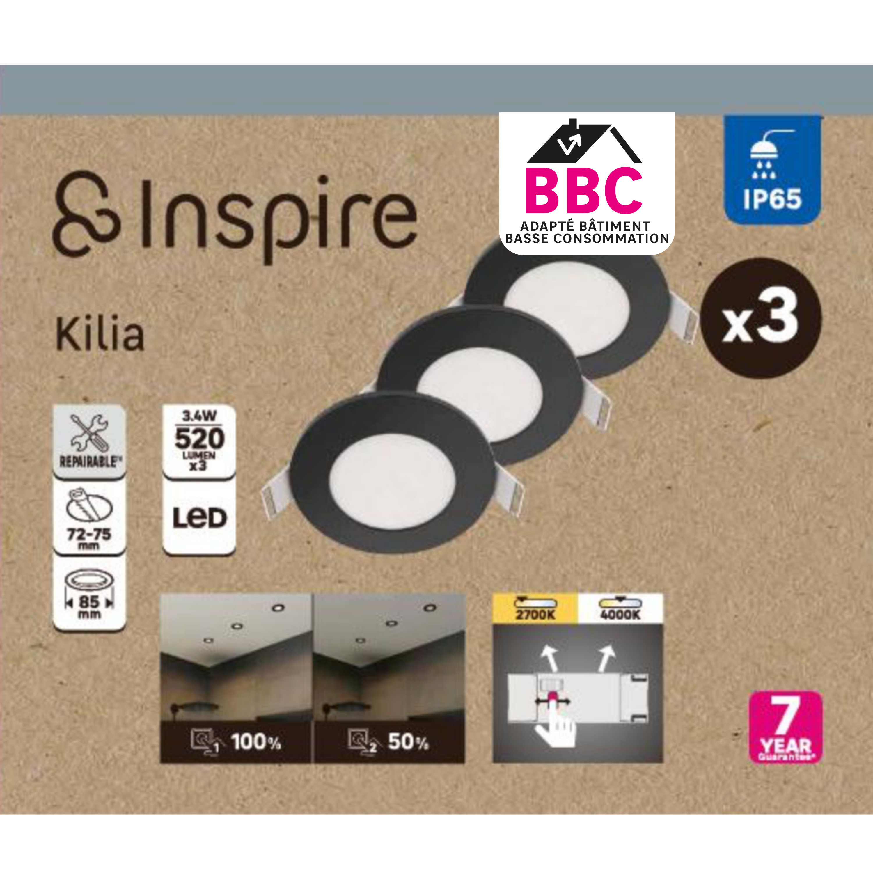 3 spots encastrés LED salle de bain IP65 BBC Kilia CCT, INSPIRE noir - 7